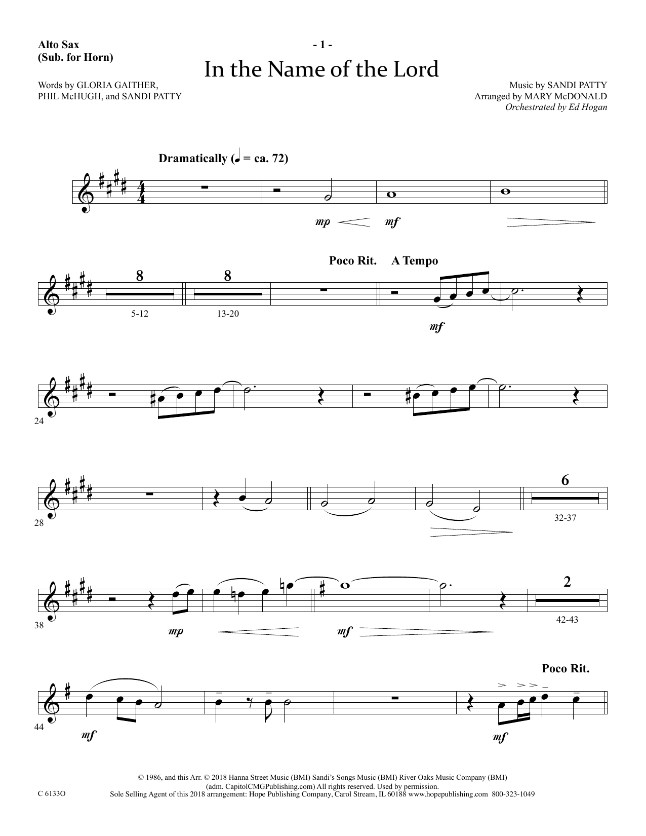 Download Ed Hogan In The Name Of The Lord - Alto Sax (Horn sub.) Sheet Music and learn how to play Choir Instrumental Pak PDF digital score in minutes