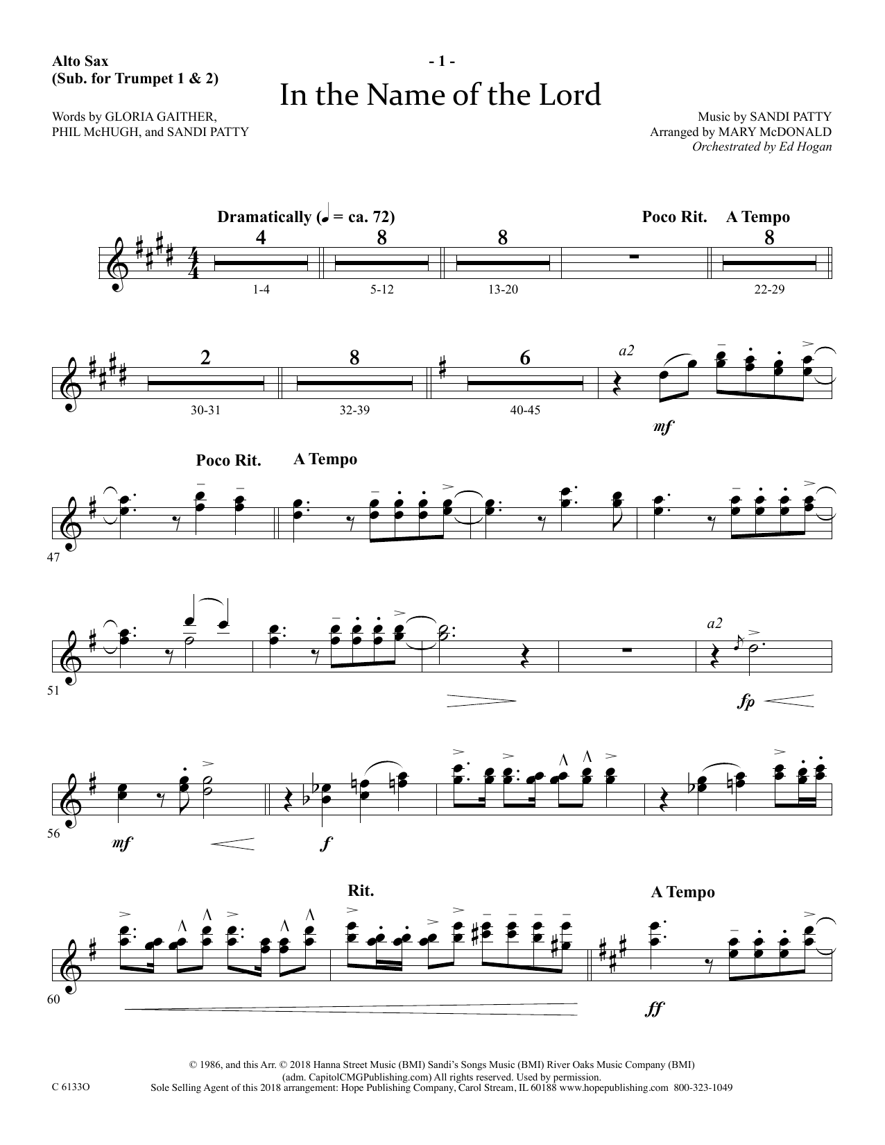 Download Ed Hogan In The Name Of The Lord - Alto Sax (sub. Trumpet 2) Sheet Music and learn how to play Choir Instrumental Pak PDF digital score in minutes