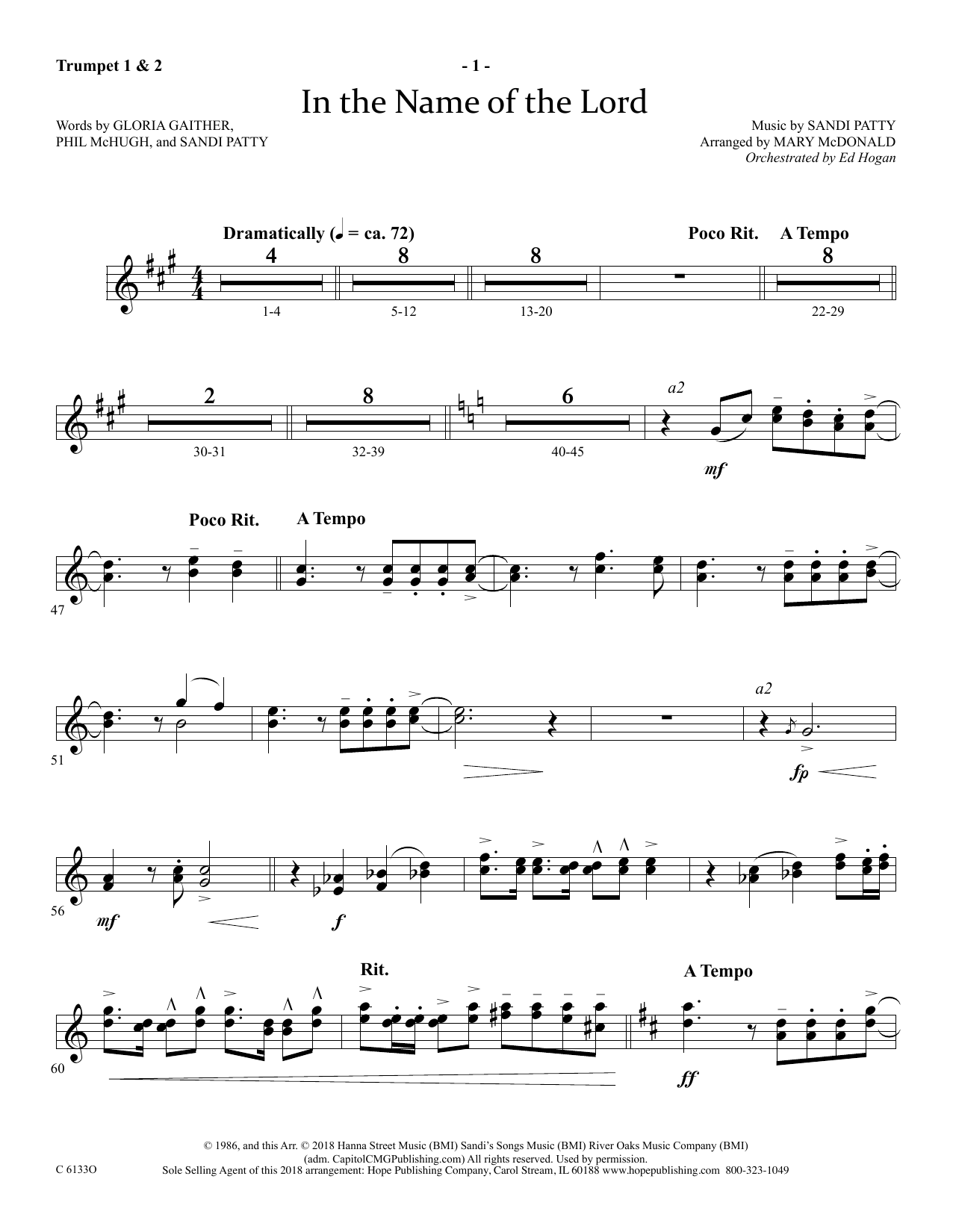 Download Ed Hogan In The Name Of The Lord - Bb Trumpet 1 & 2 Sheet Music and learn how to play Choir Instrumental Pak PDF digital score in minutes