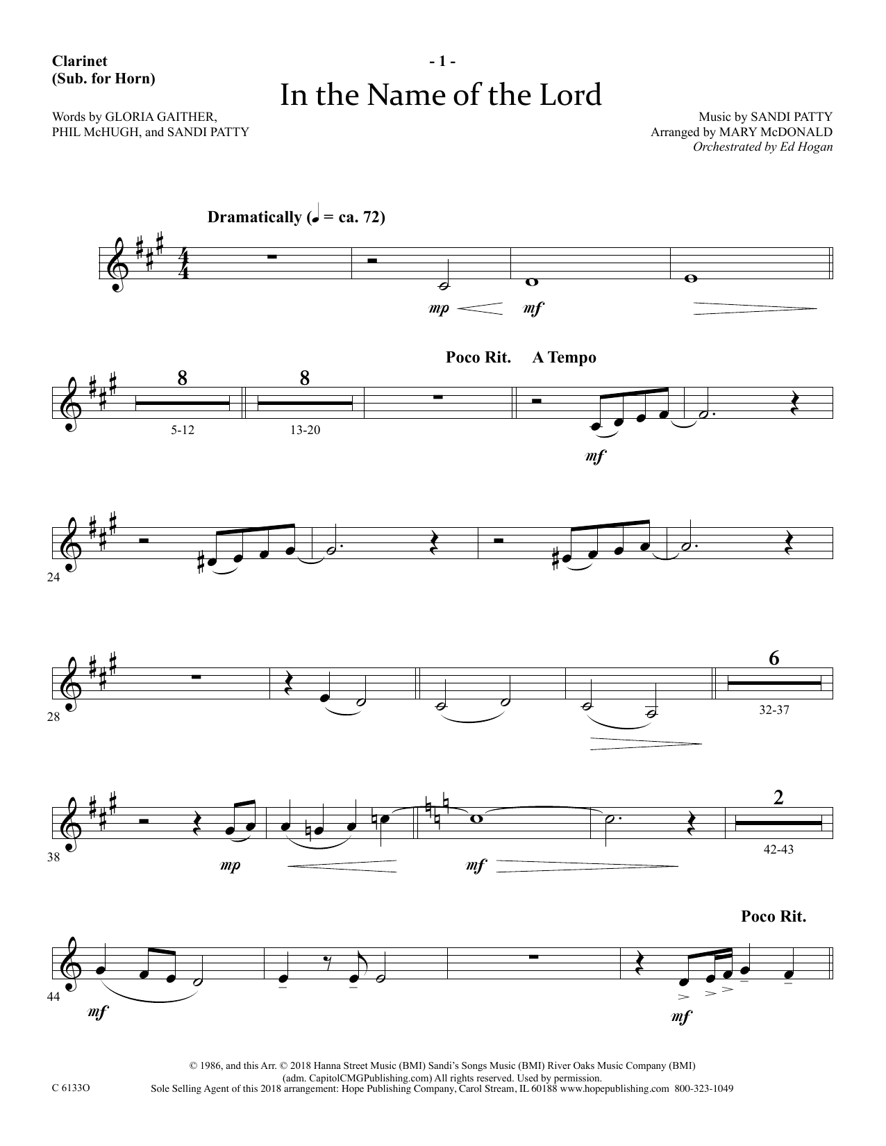 Download Ed Hogan In The Name Of The Lord - Clarinet (sub. Horn) Sheet Music and learn how to play Choir Instrumental Pak PDF digital score in minutes