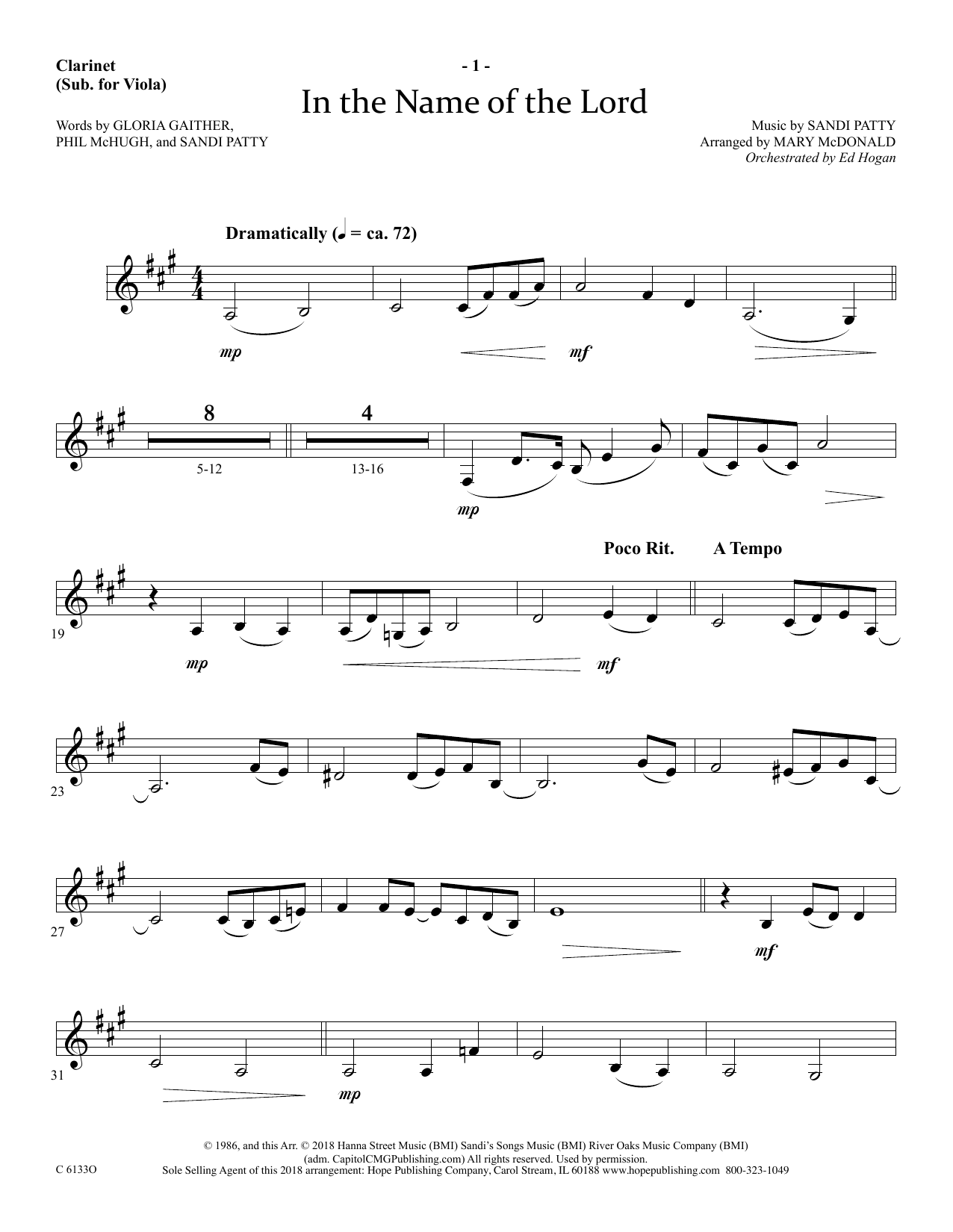 Download Ed Hogan In The Name Of The Lord - Clarinet (sub Viola) Sheet Music and learn how to play Choir Instrumental Pak PDF digital score in minutes