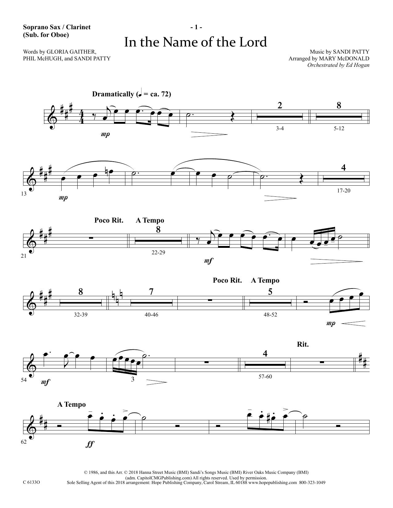 Download Ed Hogan In The Name Of The Lord - Soprano Sax/Clarinet(sub oboe) Sheet Music and learn how to play Choir Instrumental Pak PDF digital score in minutes