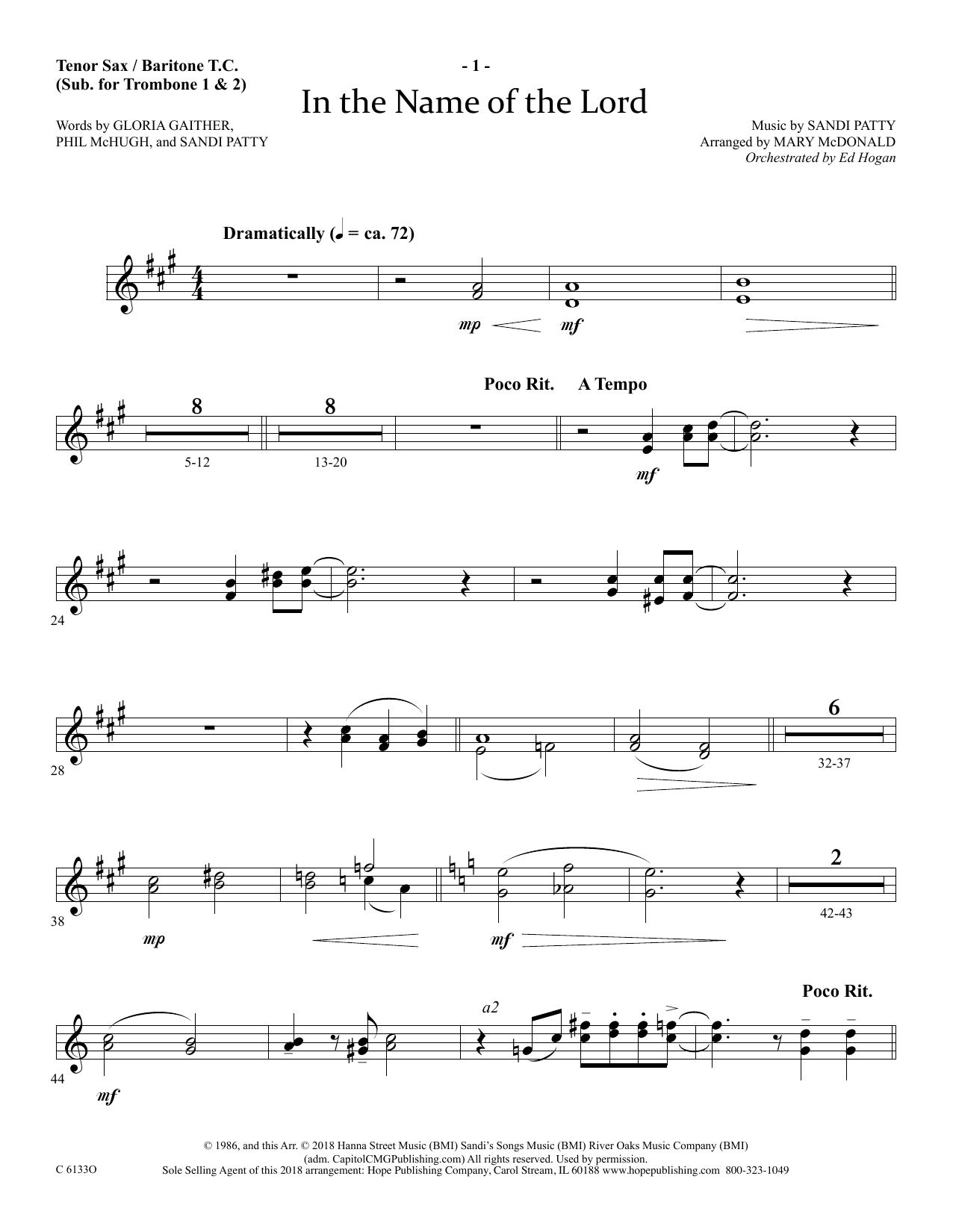 Download Ed Hogan In The Name Of The Lord - Tenor Sax/BariTC (sub Tbn 1-2) Sheet Music and learn how to play Choir Instrumental Pak PDF digital score in minutes