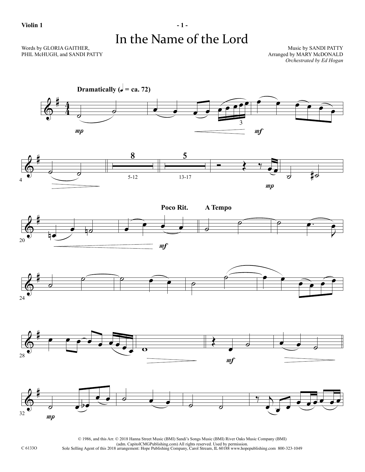 Download Ed Hogan In The Name Of The Lord - Violin 1 Sheet Music and learn how to play Choir Instrumental Pak PDF digital score in minutes