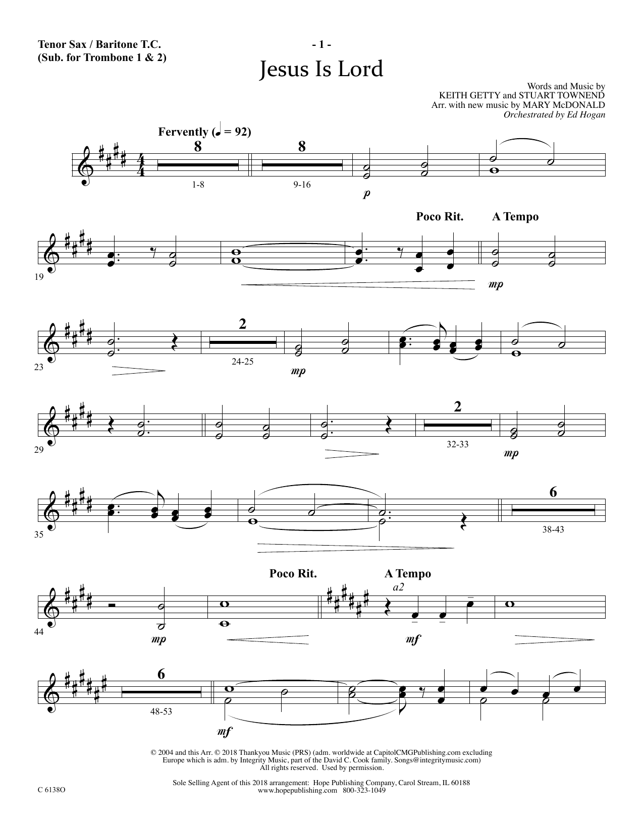 Download Ed Hogan Jesus Is Lord - Tenor Sax/BariTC (sub Tbn 1-2) Sheet Music and learn how to play Choir Instrumental Pak PDF digital score in minutes