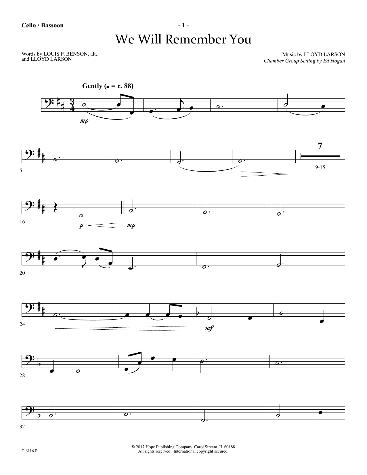 Download Ed Hogan We Will Remember You - Cello/Bassoon Sheet Music and learn how to play Choir Instrumental Pak PDF digital score in minutes