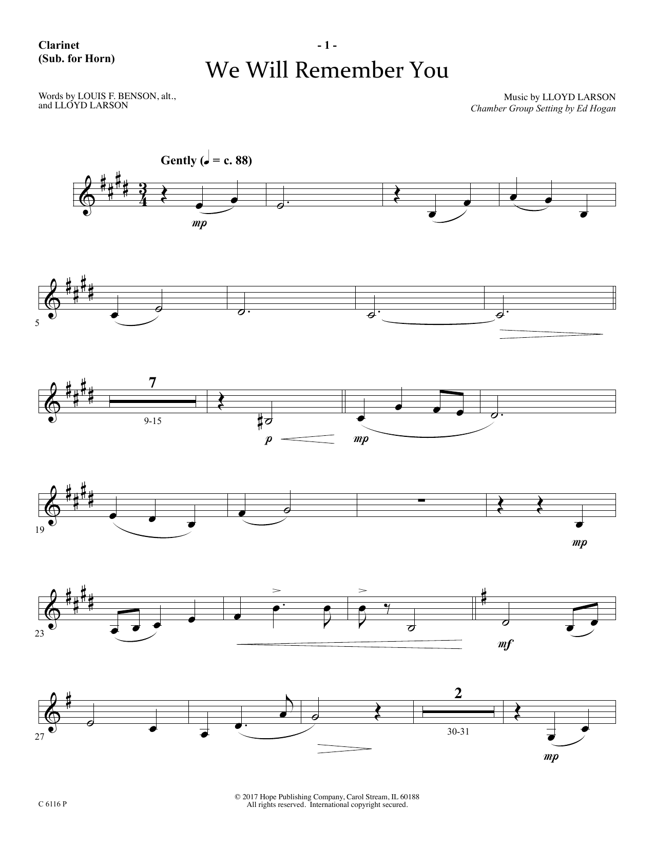 Download Ed Hogan We Will Remember You - Clarinet (sub. Horn) Sheet Music and learn how to play Choir Instrumental Pak PDF digital score in minutes