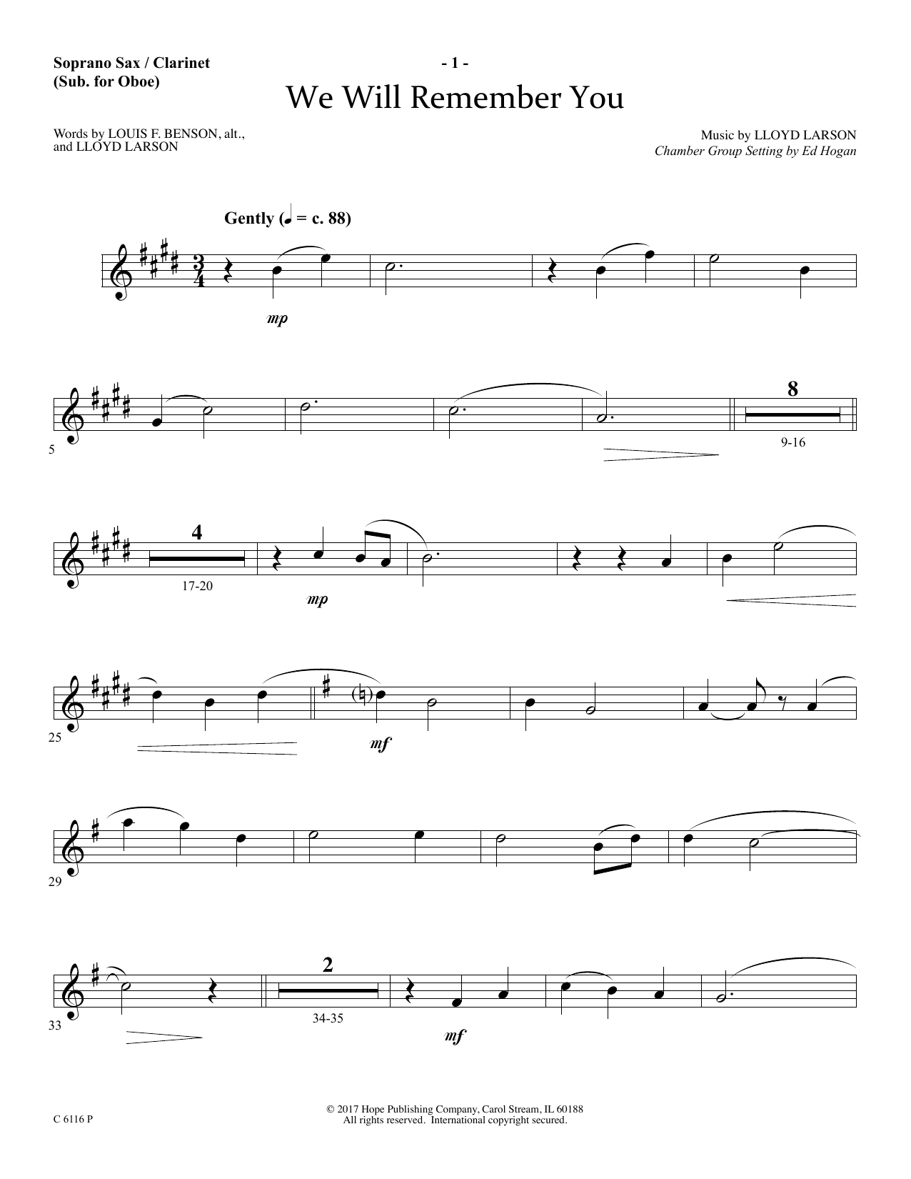 Download Ed Hogan We Will Remember You - Soprano Sax/Clarinet(sub oboe) Sheet Music and learn how to play Choir Instrumental Pak PDF digital score in minutes