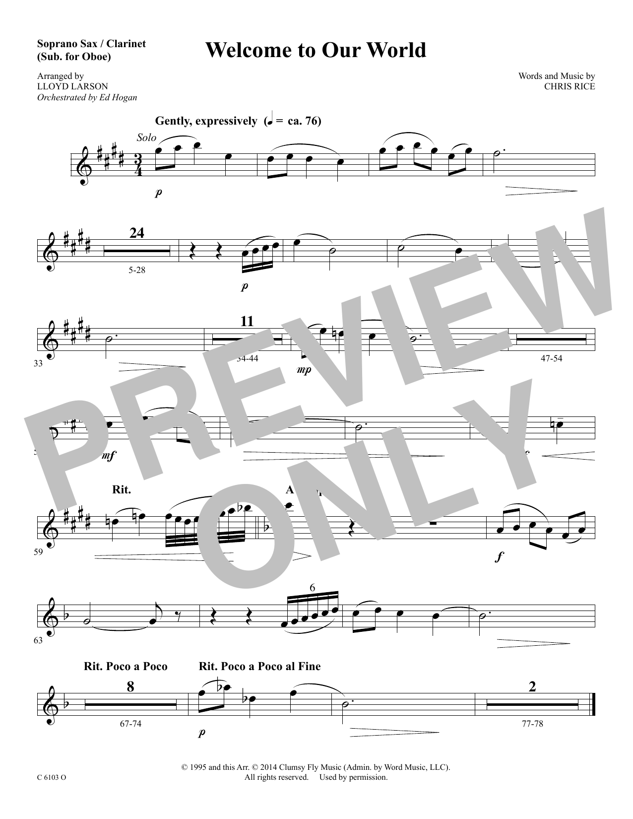 Download Ed Hogan Welcome to Our World - Soprano Sax/Clarinet(sub oboe) Sheet Music and learn how to play Choir Instrumental Pak PDF digital score in minutes