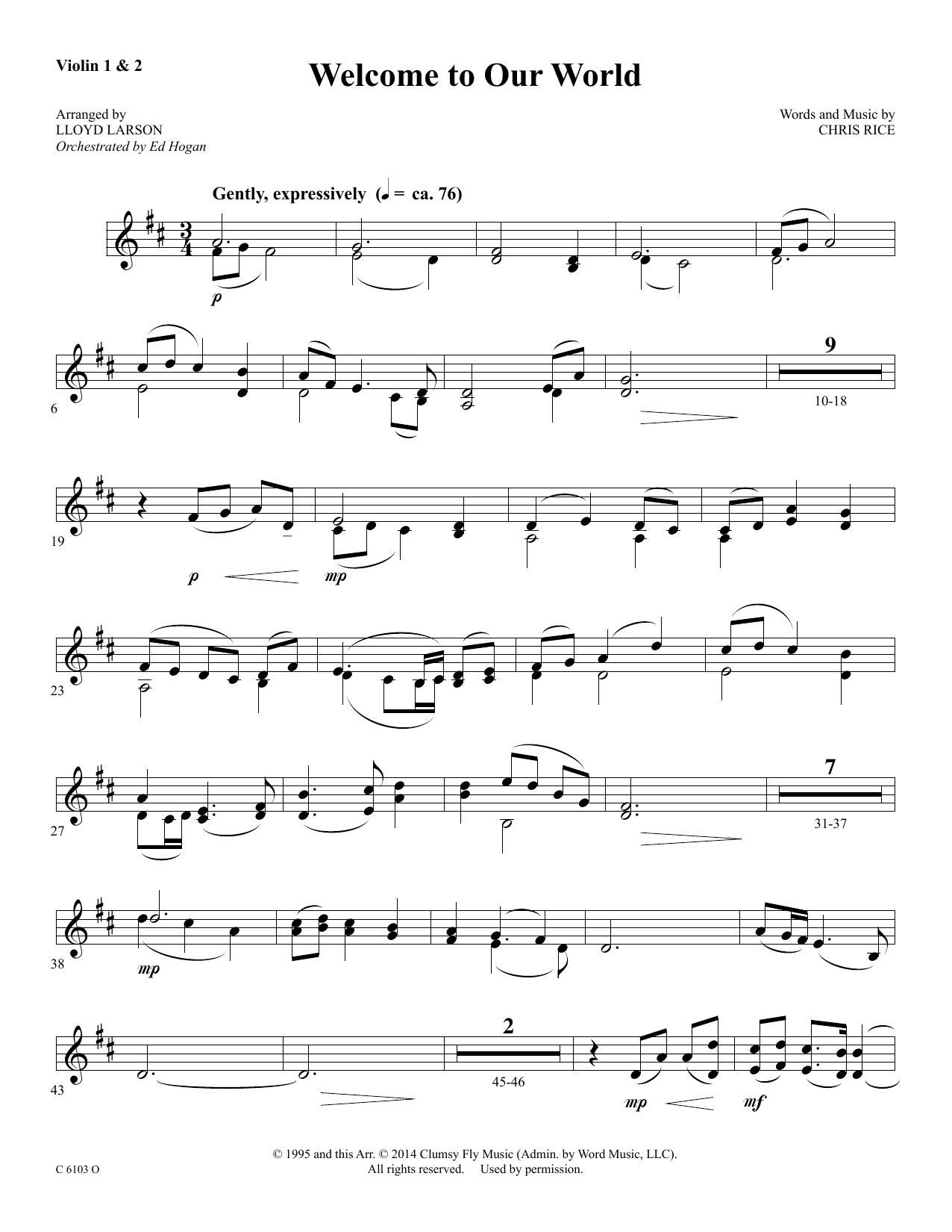 Download Ed Hogan Welcome to Our World - Violin 1, 2 Sheet Music and learn how to play Choir Instrumental Pak PDF digital score in minutes