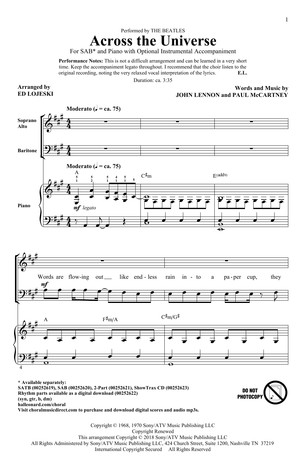 Download Ed Lojeski Across The Universe Sheet Music and learn how to play 2-Part Choir PDF digital score in minutes