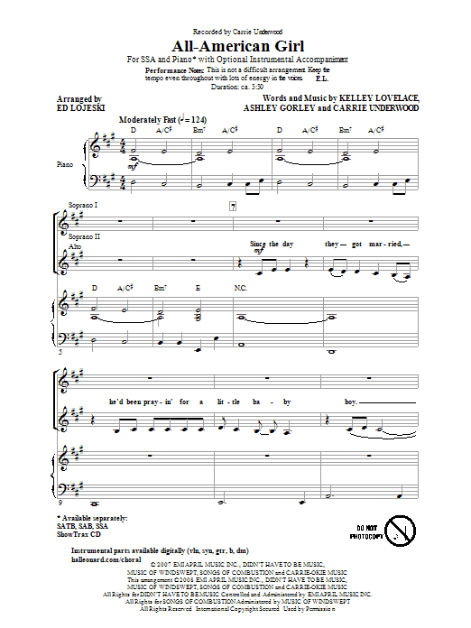 Download Carrie Underwood All-American Girl (arr. Ed Lojeski) Sheet Music and learn how to play SAB PDF digital score in minutes