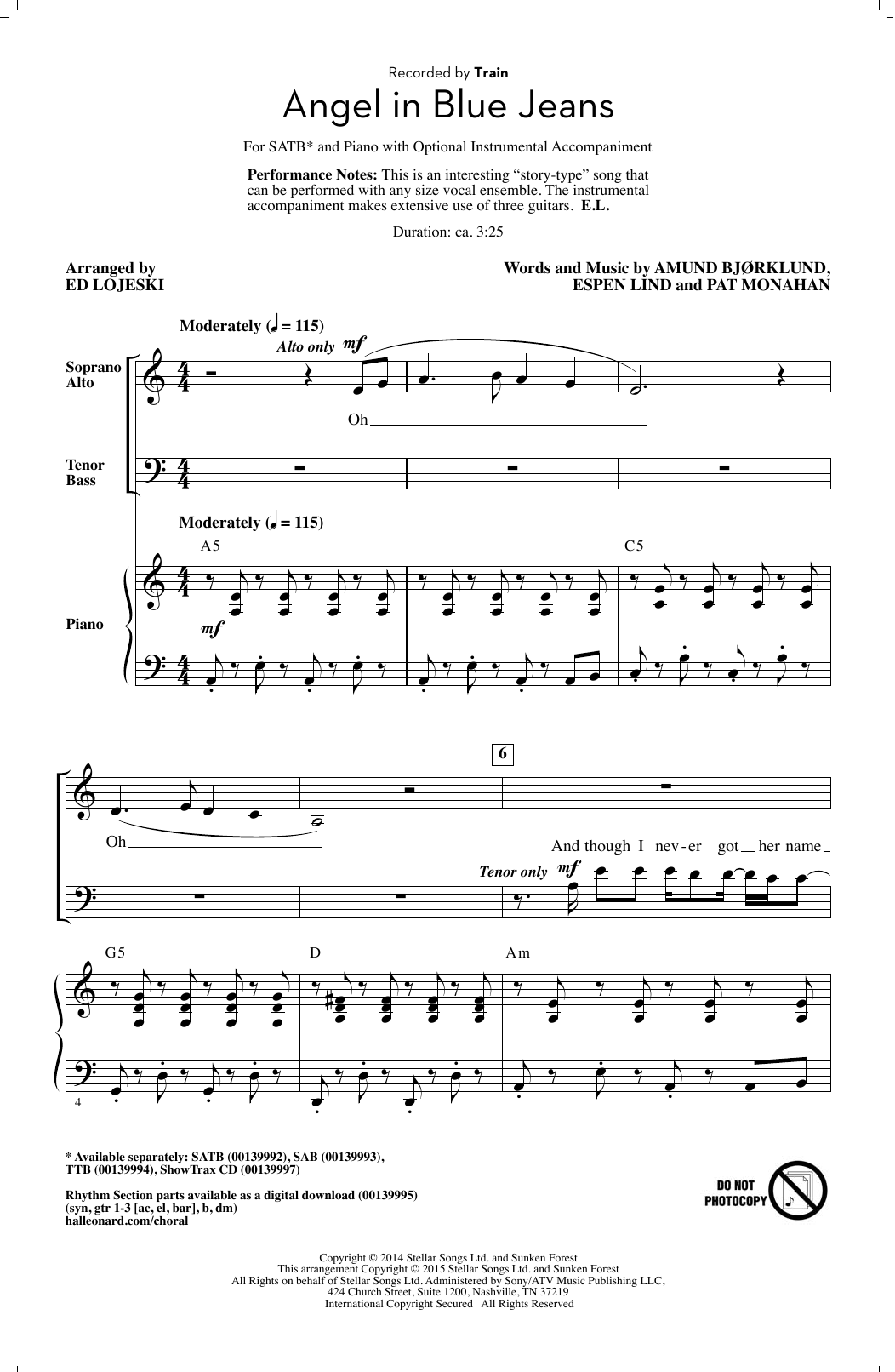 Download Ed Lojeski Angel In Blue Jeans Sheet Music and learn how to play SATB PDF digital score in minutes