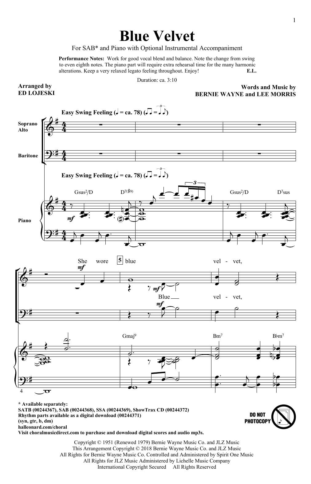 Download Ed Lojeski Blue Velvet Sheet Music and learn how to play SATB Choir PDF digital score in minutes