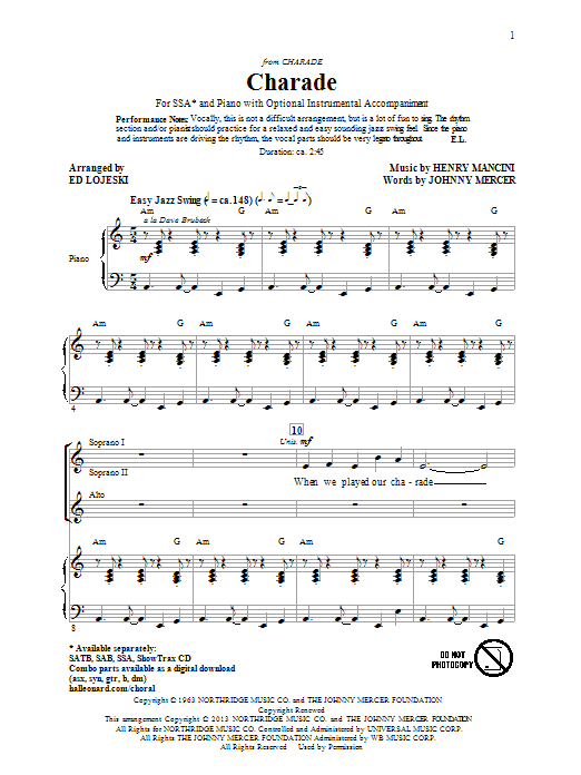 Download Henry Mancini Charade (arr. Ed Lojeski) Sheet Music and learn how to play SAB PDF digital score in minutes
