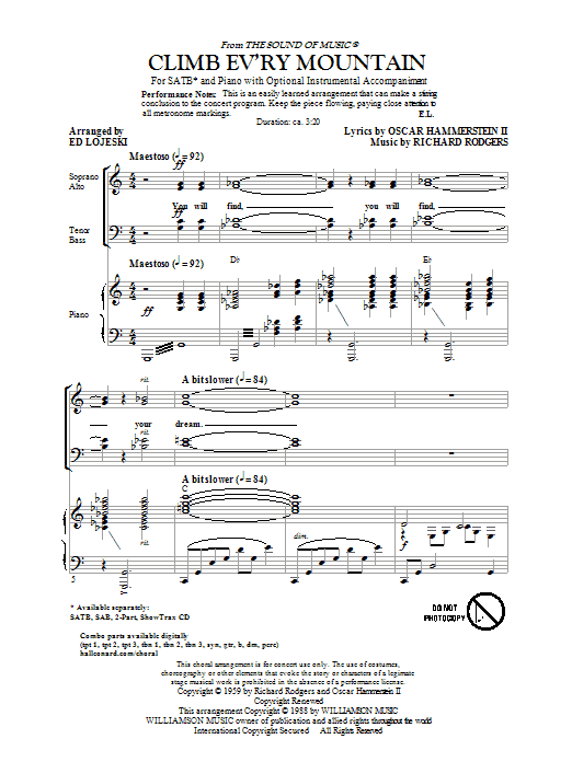Download Rodgers & Hammerstein Climb Ev'ry Mountain (arr. Ed Lojeski) Sheet Music and learn how to play SATB PDF digital score in minutes