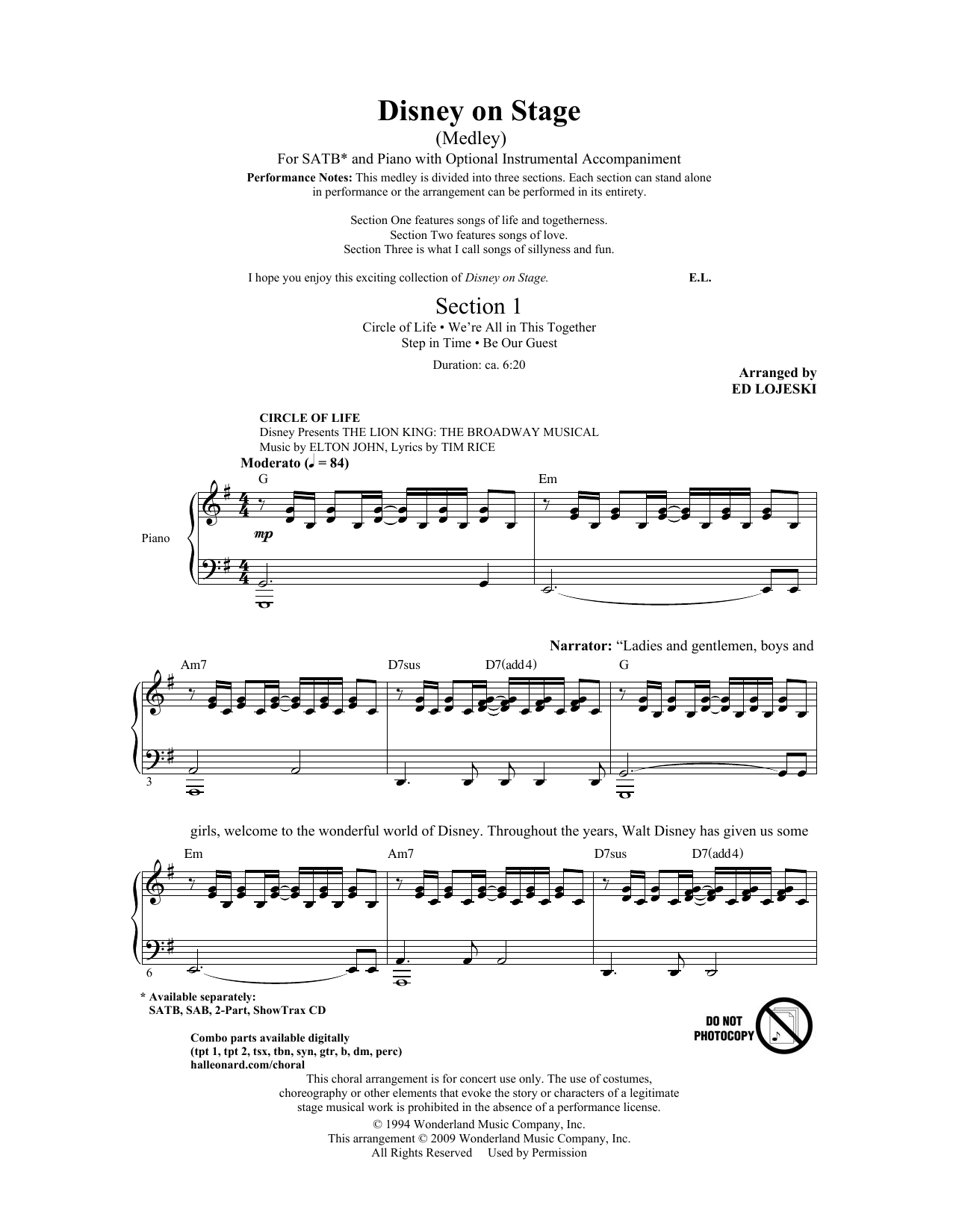 Download Ed Lojeski Disney On Stage (Medley) Sheet Music and learn how to play SAB PDF digital score in minutes
