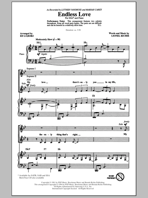 Download Lionel Richie Endless Love (arr. Ed Lojeski) Sheet Music and learn how to play SSA PDF digital score in minutes