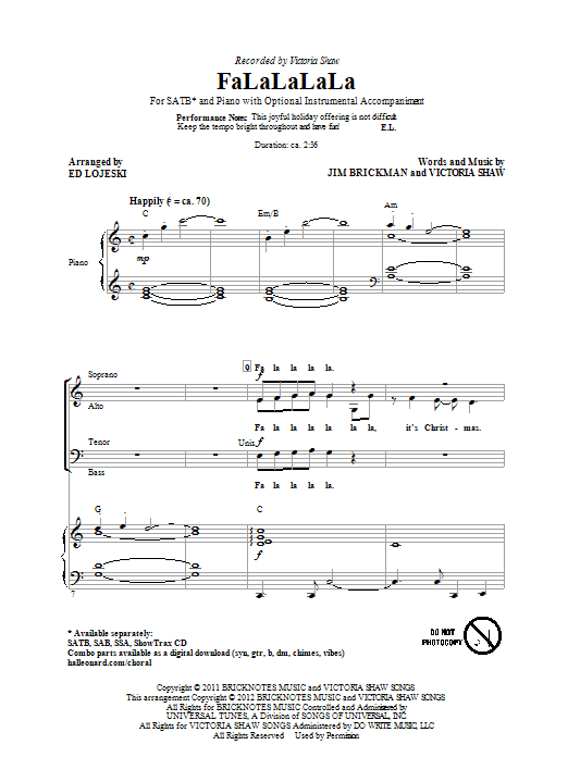 Download Victoria Shaw FaLaLaLaLa (arr. Ed Lojeski) Sheet Music and learn how to play SATB PDF digital score in minutes