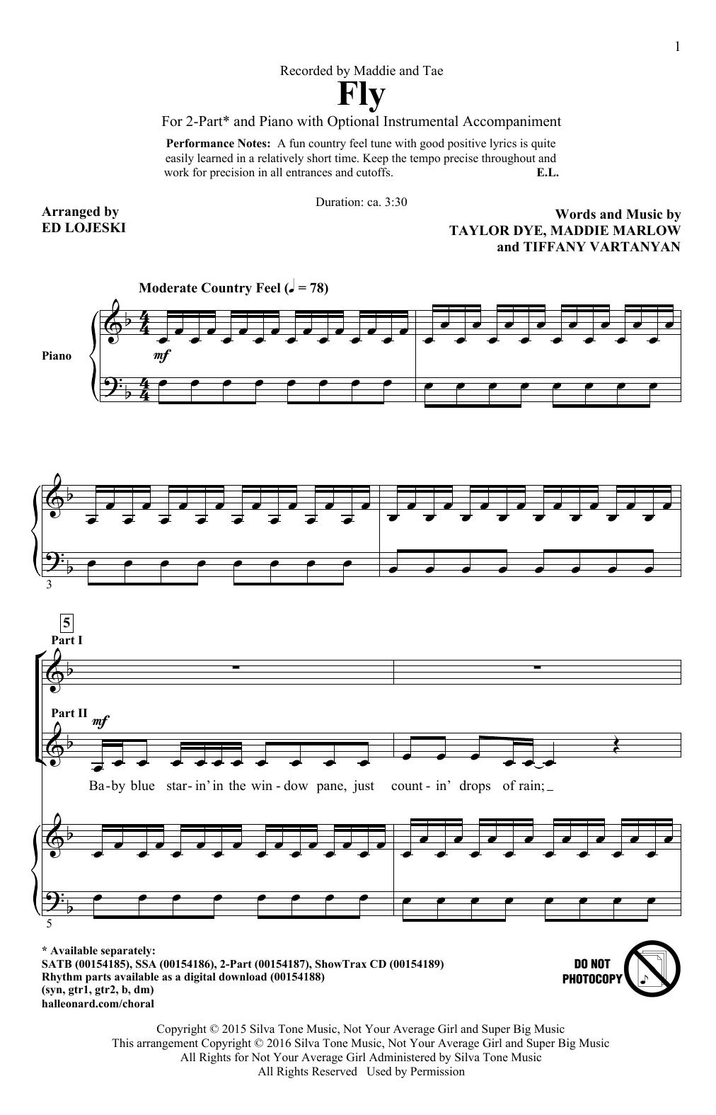 Download Maddie And Tae Fly (arr. Ed Lojeski) Sheet Music and learn how to play 2-Part Choir PDF digital score in minutes