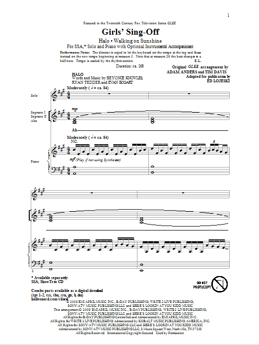 Download Ed Lojeski Girls' Sing-Off (from Glee) Sheet Music and learn how to play SSA PDF digital score in minutes