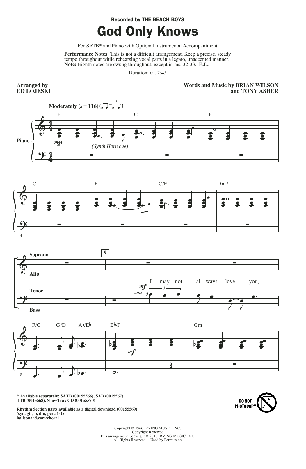 Download Ed Lojeski God Only Knows Sheet Music and learn how to play TTBB PDF digital score in minutes