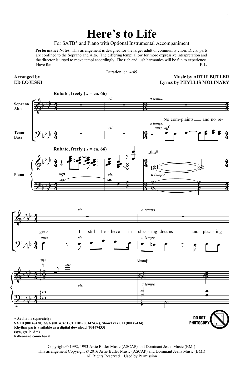 Download Ed Lojeski Here's To Life Sheet Music and learn how to play TTBB PDF digital score in minutes