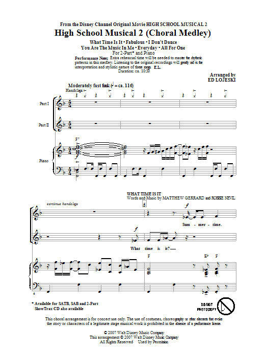 Download High School Musical 2 Choral Medley (arr. Ed Lojeski) Sheet Music and learn how to play SATB PDF digital score in minutes