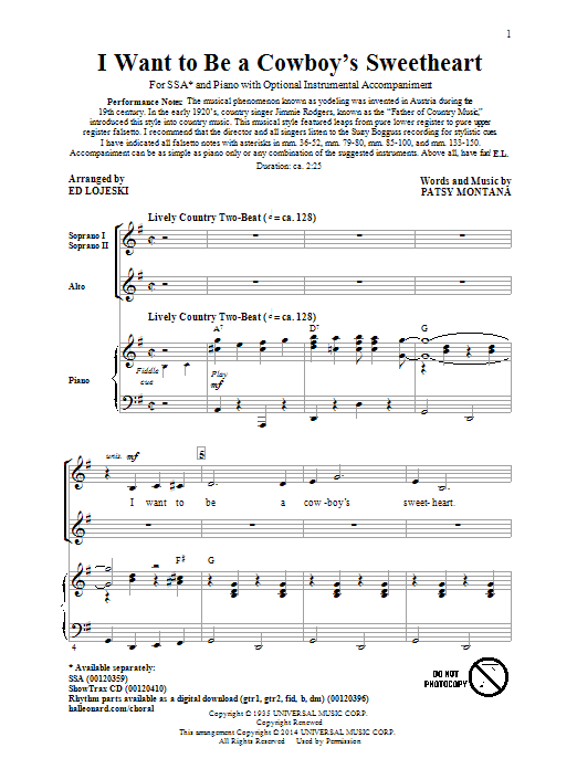 Download Ed Lojeski I Want To Be A Cowboy's Sweetheart Sheet Music and learn how to play SSA PDF digital score in minutes