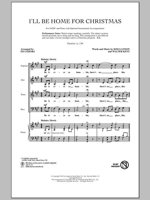 Download Ed Lojeski I'll Be Home For Christmas Sheet Music and learn how to play SSA Choir PDF digital score in minutes