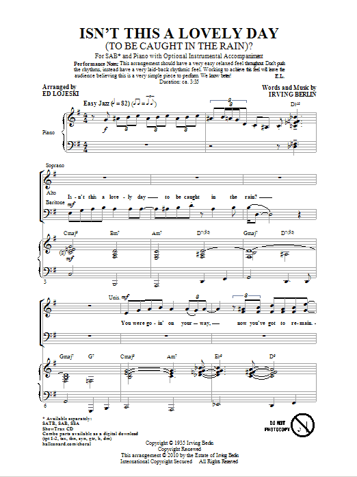 Download Irving Berlin Isn't This A Lovely Day (To Be Caught In The Rain?) (arr. Ed Lojeski) Sheet Music and learn how to play SAB PDF digital score in minutes