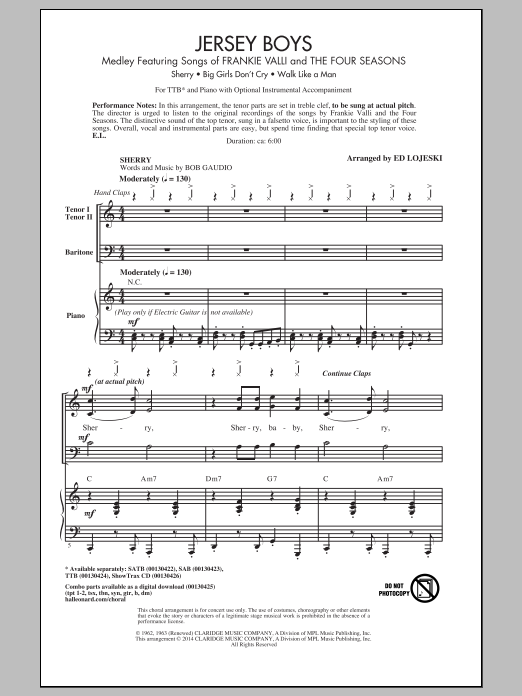 Download Frankie Valli & The Four Seasons Jersey Boys Medley (arr. Ed Lojeski) Sheet Music and learn how to play TTBB PDF digital score in minutes