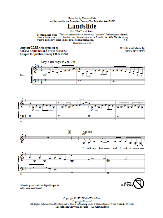Download Fleetwood Mac Landslide (arr. Ed Lojeski) Sheet Music and learn how to play SSA PDF digital score in minutes