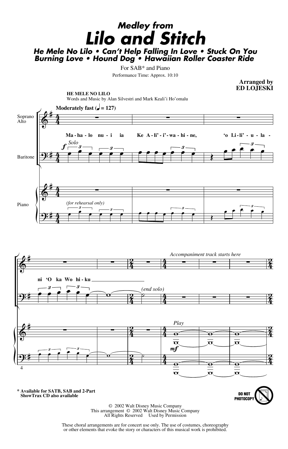 Download Ed Lojeski Lilo And Stitch (Medley) Sheet Music and learn how to play SATB Choir PDF digital score in minutes