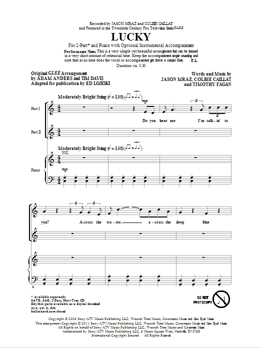 Download Jason Mraz Lucky (arr. Ed Lojeski) Sheet Music and learn how to play SAB PDF digital score in minutes