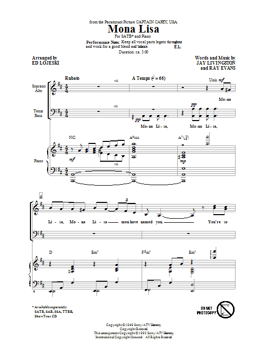Download Ed Lojeski Mona Lisa Sheet Music and learn how to play SSA Choir PDF digital score in minutes