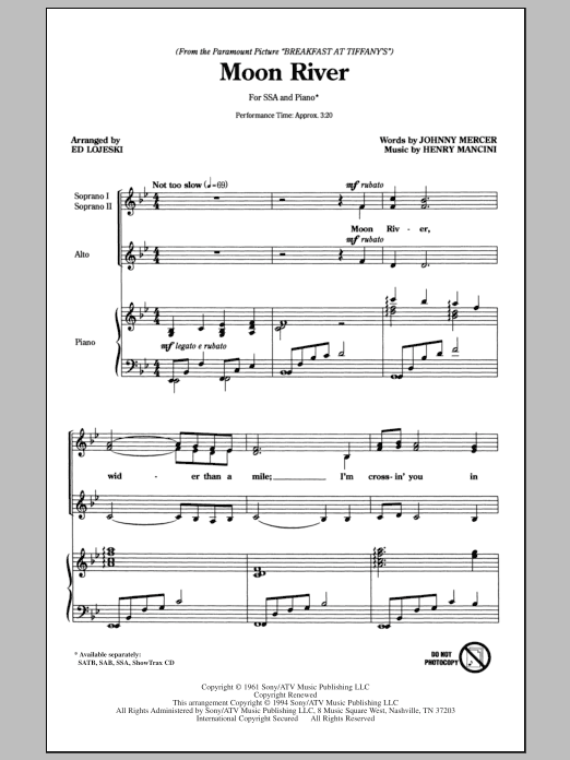 Download Henry Mancini Moon River (arr. Ed Lojeski) Sheet Music and learn how to play SAB PDF digital score in minutes