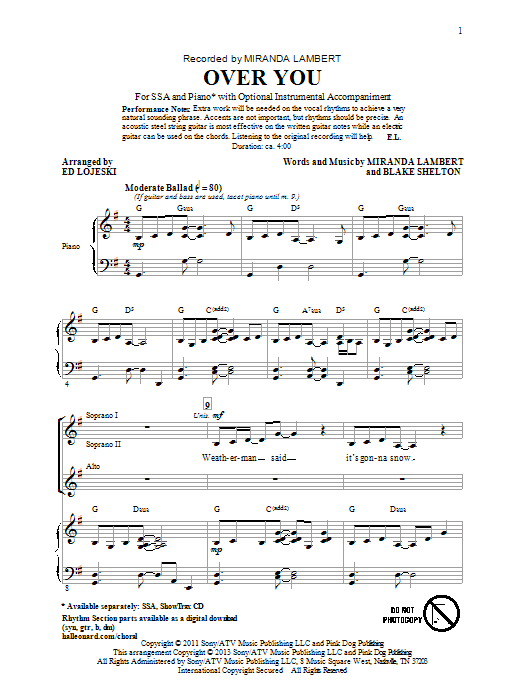 Download Miranda Lambert Over You (arr. Ed Lojeski) Sheet Music and learn how to play SSA PDF digital score in minutes