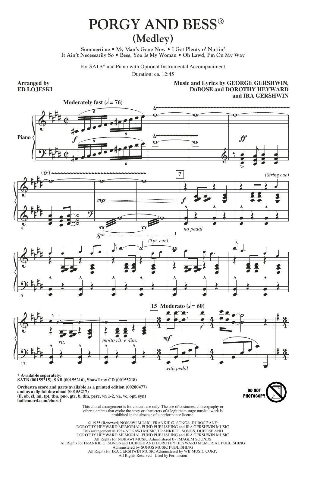 Download Ed Lojeski Porgy And Bess (Medley) Sheet Music and learn how to play SATB PDF digital score in minutes