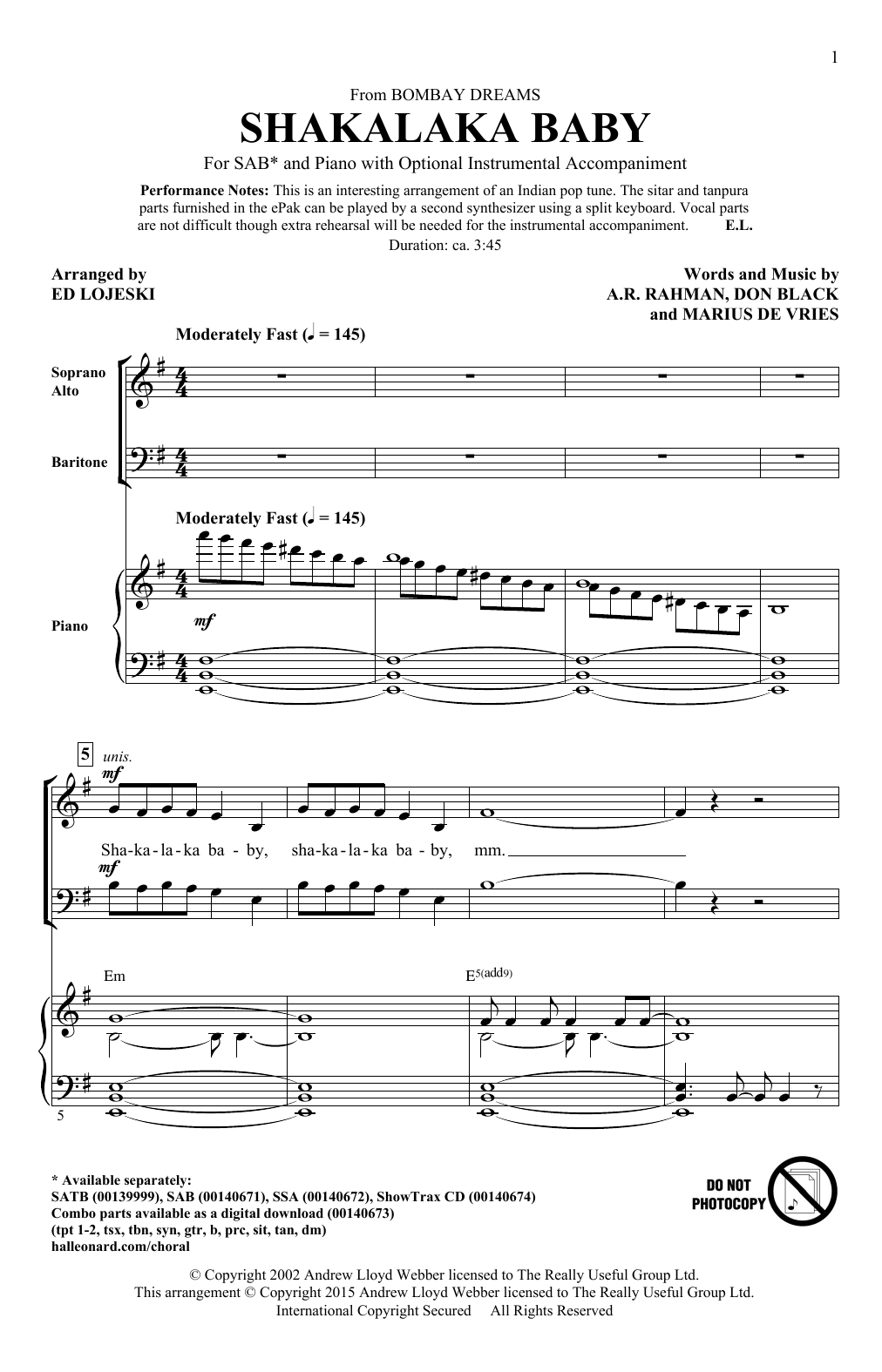 Download Ed Lojeski Shakalaka Baby (from Bombay Dreams) Sheet Music and learn how to play SATB PDF digital score in minutes