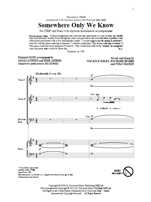Download Keane Somewhere Only We Know (arr. Ed Lojeski) Sheet Music and learn how to play TTBB PDF digital score in minutes