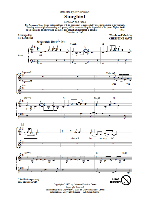Download Eva Cassidy Songbird (arr. Ed Lojeski) Sheet Music and learn how to play SSA PDF digital score in minutes