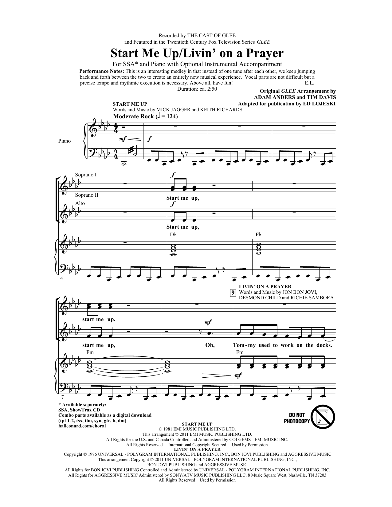 Download Ed Lojeski Start Me Up/Livin' On A Prayer Sheet Music and learn how to play SSA PDF digital score in minutes
