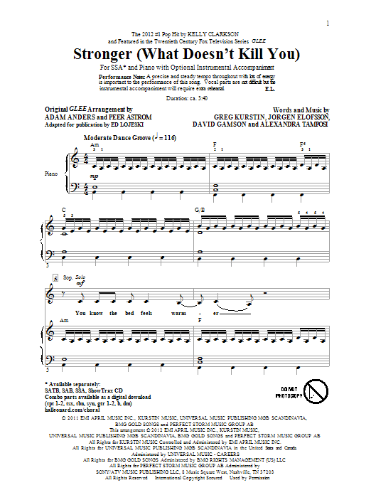 Download Glee Cast Stronger (What Doesn't Kill You) (arr. Ed Lojeski) Sheet Music and learn how to play SSA PDF digital score in minutes