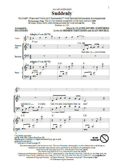 Download Ed Lojeski Suddenly (from Les Miserables The Movie) Sheet Music and learn how to play SATB Choir PDF digital score in minutes