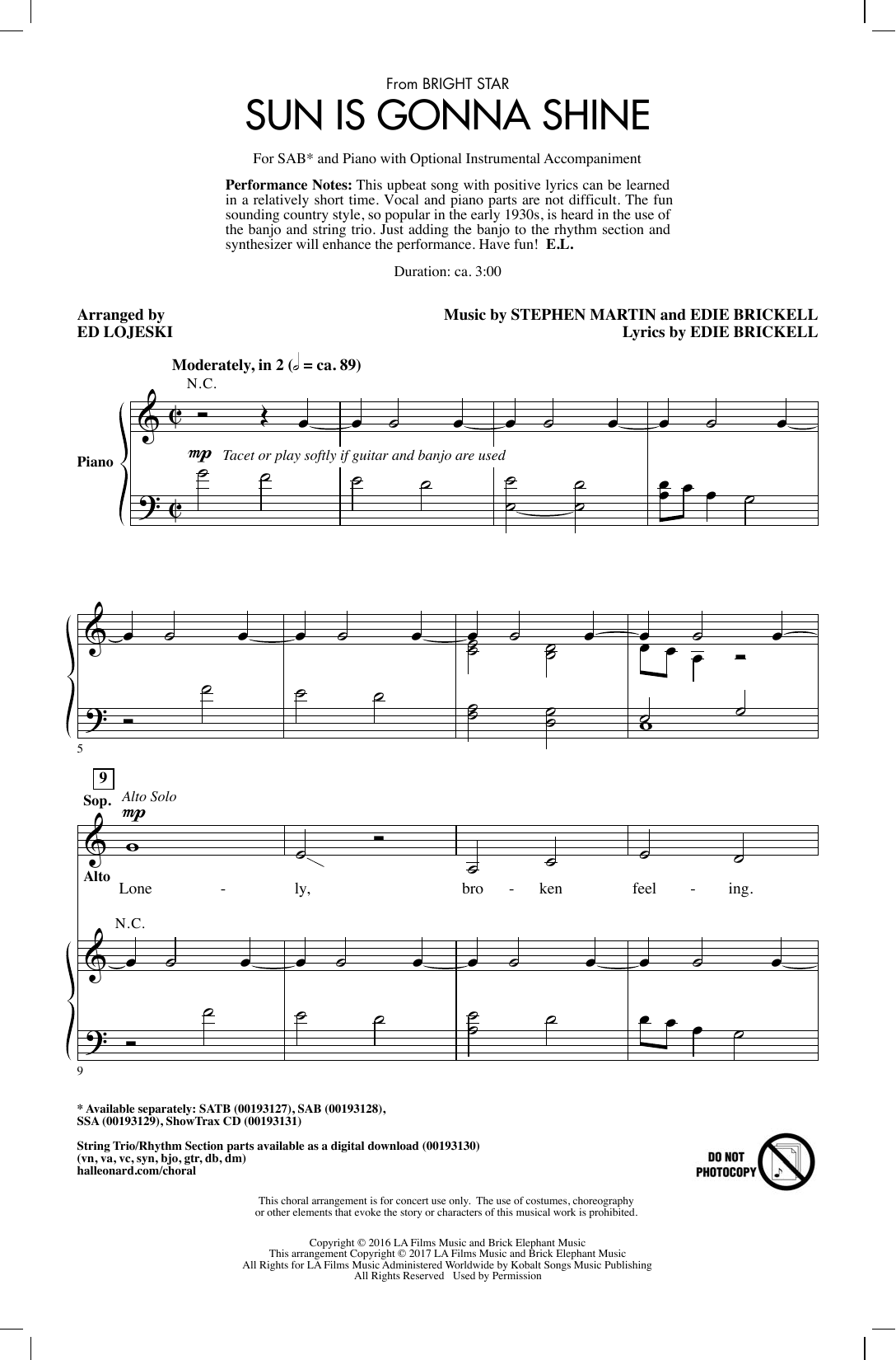 Download Ed Lojeski Sun Is Gonna Shine Sheet Music and learn how to play SSA PDF digital score in minutes