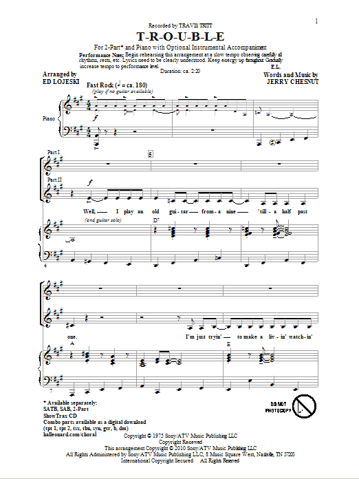 Download Elvis Presley T-R-O-U-B-L-E (arr. Ed Lojeski) Sheet Music and learn how to play 2-Part Choir PDF digital score in minutes