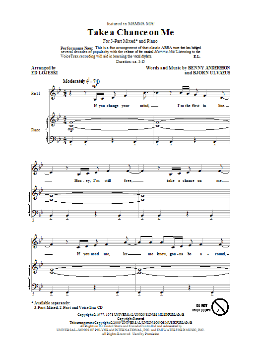 Download ABBA Take A Chance On Me (arr. Ed Lojeski) Sheet Music and learn how to play 3-Part Mixed PDF digital score in minutes