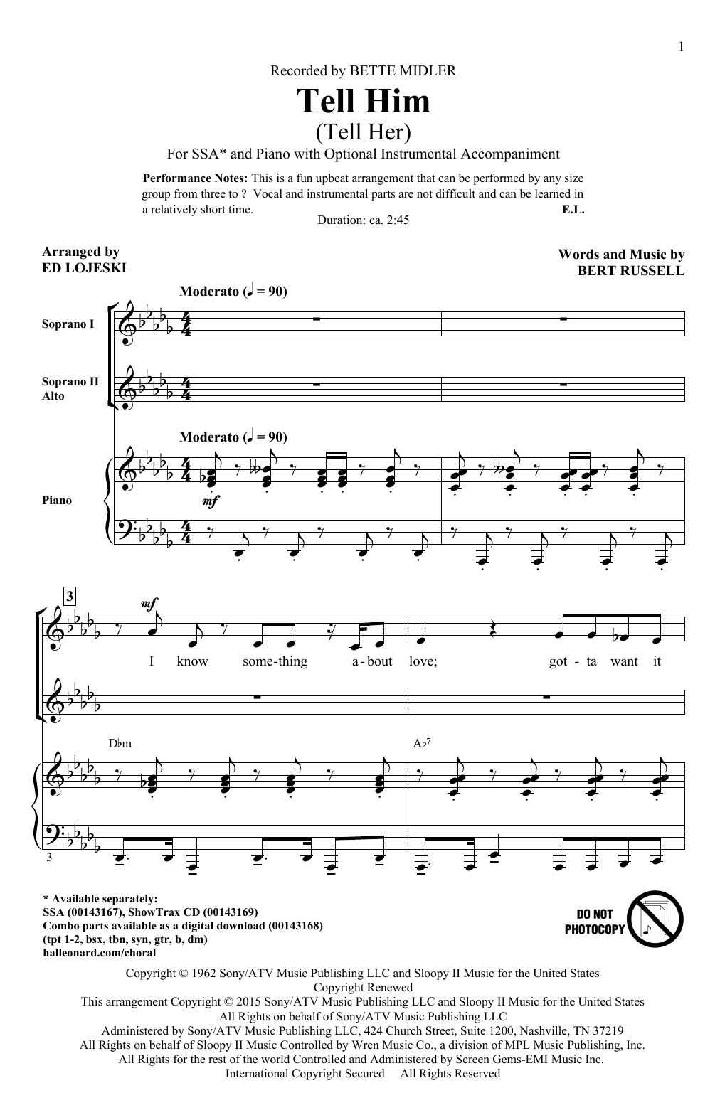 Download Ed Lojeski Tell Him (Tell Her) Sheet Music and learn how to play SSA PDF digital score in minutes