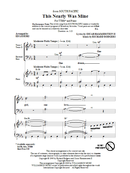 Download Rodgers & Hammerstein This Nearly Was Mine (from South Pacific) (arr. Ed Lojeski) Sheet Music and learn how to play TTBB PDF digital score in minutes